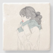 スカーフと本の女の子 ストーンコースター (正面)