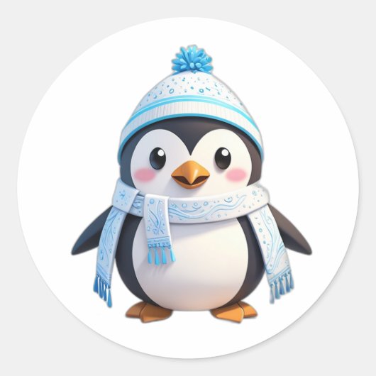 スカーフと雪のペンギンのステッカー ラウンドシール (正面)