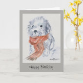 スカーフのハッピーバースデーカードを持つ犬 カード (黄色い花)