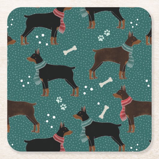 スカーフの冬のパターンの赤と黒のドーバーマン スクエアペーパーコースター (正面)