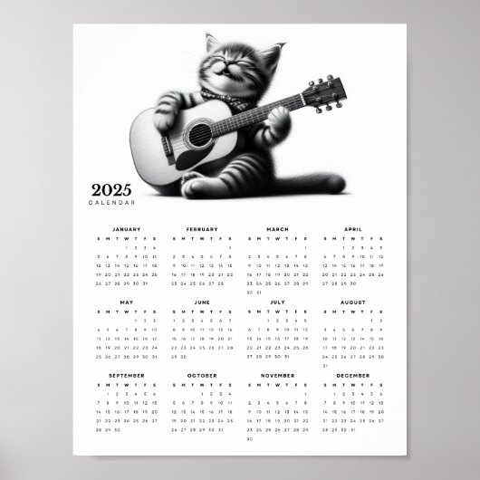 スカーフを巻いたキュートな猫ギタリスト2025年カレンダー ポスター (正面)