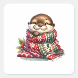 スカーフを巻いたクリスマスオッター スクエアシール
