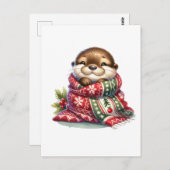 スカーフを巻いたクリスマスオッター ポストカード (正面/裏面)