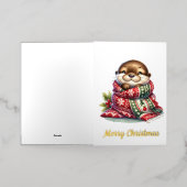 スカーフを巻いたクリスマスオッター 箔グリーティングカード (外側レイダウン)