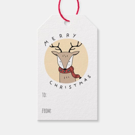 スカーフを巻いたメリークリスマスのトナカイ ギフトタグ (正面)