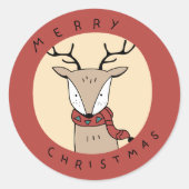 スカーフを巻いたメリークリスマスのトナカイ ラウンドシール (正面)