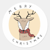 スカーフを巻いたメリークリスマスのトナカイ ラウンドシール (正面)