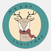 スカーフを巻いたメリークリスマスのトナカイ ラウンドシール (正面)