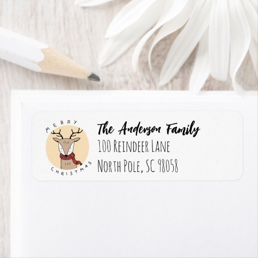 スカーフを巻いたメリークリスマスのトナカイ ラベル (インサイチュ)