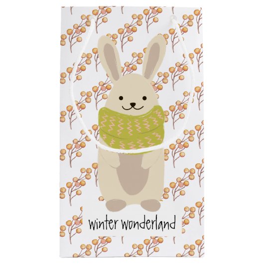 スカーフを巻いた冬のストライプのウサギ スモールペーパーバッグ (裏面)