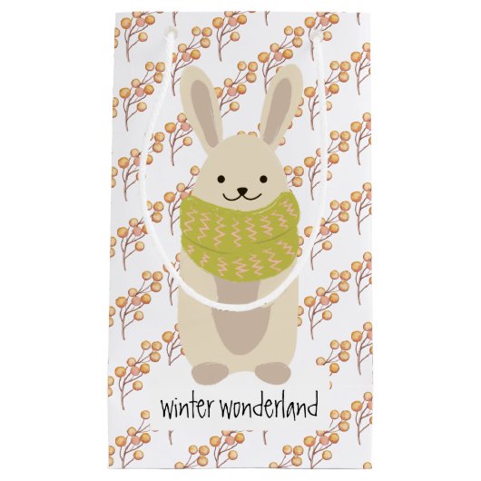 スカーフを巻いた冬のストライプのウサギ スモールペーパーバッグ (正面)