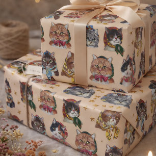 スカーフを巻いた愛らしい猫たちの陽気な誕生日デザイン ラッピングペーパー