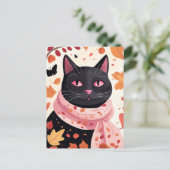 スカーフを身に着けたピンク色の目をした黒猫 ポストカード (スタンド正面)