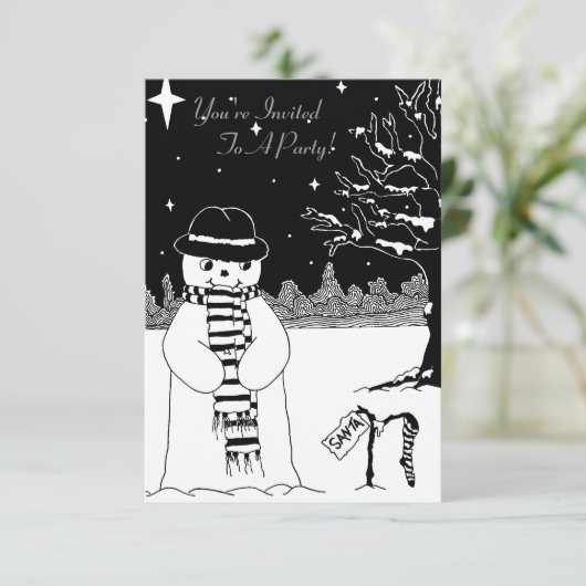 スカーフ付きモノクロ雪だるまへの招待 招待状 (スタンド正面)