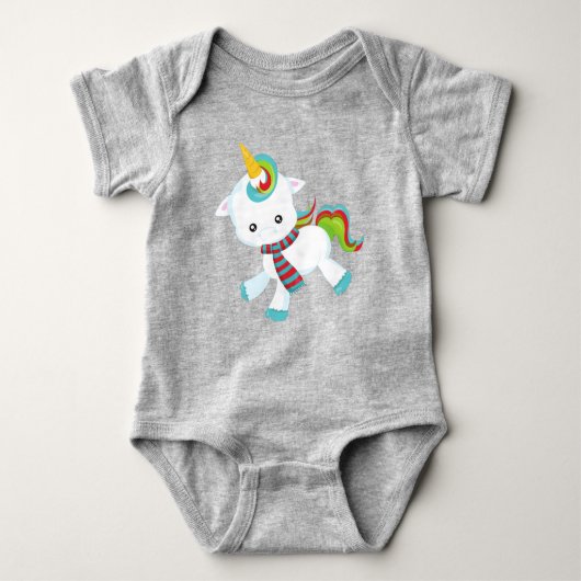 スカーフ付きユニコーン，かわいいユニコーン，小さなユニコーン ベビーボディスーツ (正面)