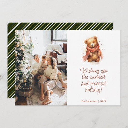 スカーフ付き可愛い水色クマのクリスマスフォト シーズンカード (正面/裏面)