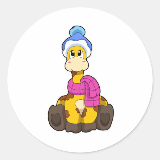 スカーフ&ハットで冬のキリン ラウンドシール (正面)