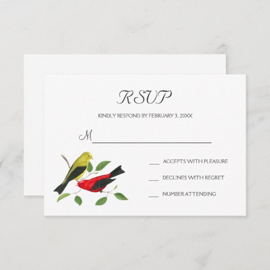 スカーレットタンジャー鳥の芸術的な結婚式の出欠確認ポストカード 出欠カード (正面/裏面)