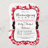 スカーレットレッド&ホワイトトロピカル引っ越し祝いパーティーパーティー 招待状 (正面/裏面)