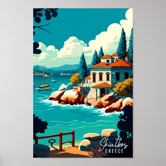 スキアソスギリシャアートヴィンテージ旅行イラストレーション ポスター (正面)