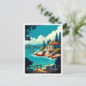 スキアソスギリシャアートヴィンテージ旅行イラストレーション ポストカード (スタンド正面)