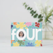 スキッチー花4歳の誕生日パーティーティール（緑がかった色） 招待状 (スタンド正面)