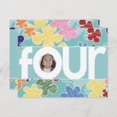 スキッチー花4歳の誕生日パーティーティール（緑がかった色） 招待状 (正面/裏面)