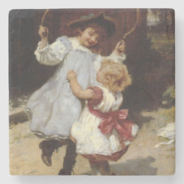 スキップするロープでジャンプする女の子 ストーンコースター