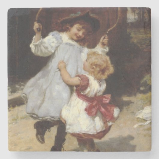 スキップするロープでジャンプする女の子 ストーンコースター (正面)