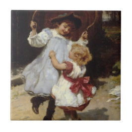 スキップするロープでジャンプする女の子 タイル