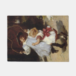 スキップするロープでジャンプする女の子 ドアマット