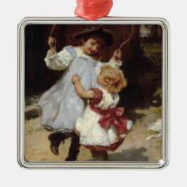 スキップするロープでジャンプする女の子 メタルオーナメント