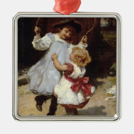 スキップするロープでジャンプする女の子 メタルオーナメント (正面)