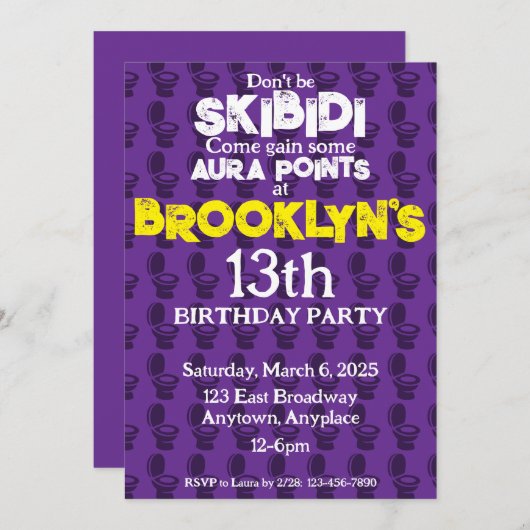 スキピディトイレ紫の誕生日パーティーへの招待 招待状 (正面/裏面)