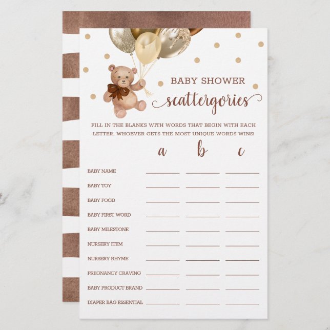 スキャッタリーゲームベビーシャワーテディベア (正面/裏面)