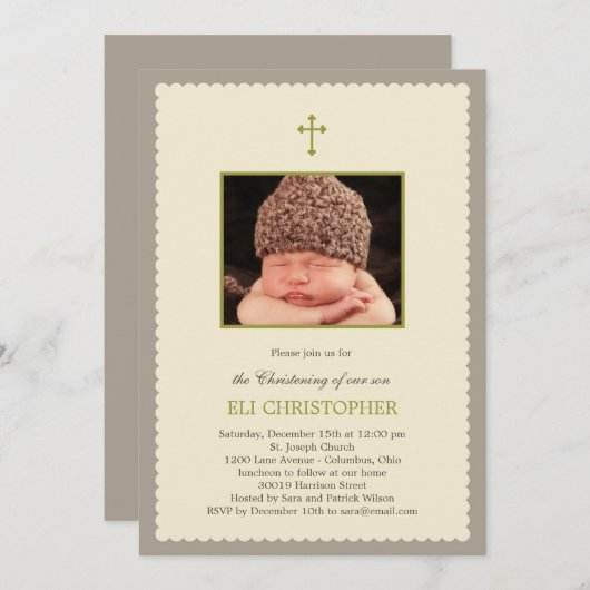 スキャロプフレーム《キリスト教》洗礼式や命名式招待状- Tan 招待状 (正面/裏面)