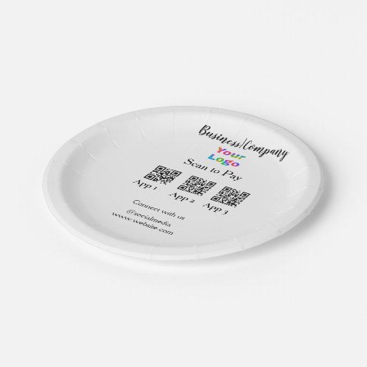スキャンしてビジネスロゴを支払うQ Rコードソーシャルメディア ペーパープレート (アングル)