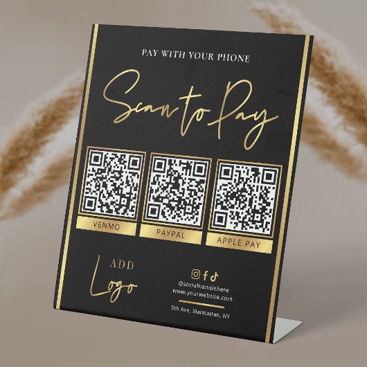 スキャンしてブラック&金ゴールドロゴ支払い3 QRコード 台座サイン