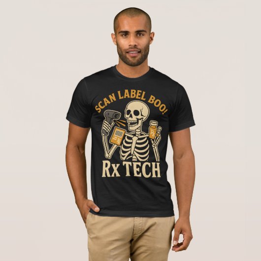 スキャンラベルブー処方箋テクノロジスト薬局ハロウィン Tシャツ (正面フル)
