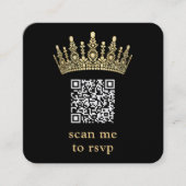 スキャン Me QR RSVP ブラックとゴールドのキンセアニェーラのクラウン エンクロージャーカード (正面)