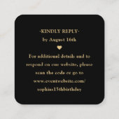 スキャン Me QR RSVP ブラックとゴールドのキンセアニェーラのクラウン エンクロージャーカード (裏面)