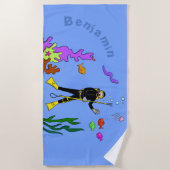 スキューバおもしろいダイバーと魚のフレンドリーマンガ用タオル ビーチタオル (正面)