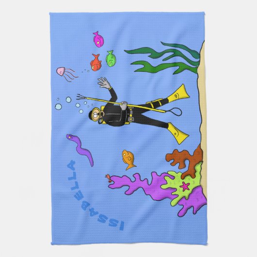スキューバおもしろいダイバーと魚の海の生き物の漫画 キッチンタオル (縦)