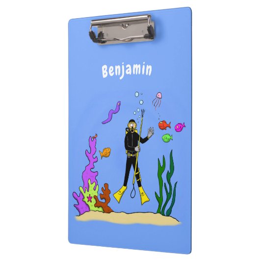 スキューバおもしろいダイバーと魚の海の生き物の漫画 クリップボード (左)