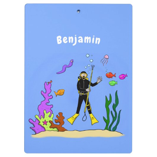 スキューバおもしろいダイバーと魚の海の生き物の漫画 クリップボード (裏面)
