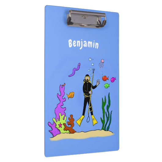 スキューバおもしろいダイバーと魚の海の生き物の漫画 クリップボード (右)