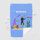 スキューバおもしろいダイバーと魚の海の生き物の漫画 ゴルフタオル (インサイチュ)