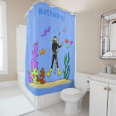 スキューバおもしろいダイバーと魚の海の生き物の漫画 シャワーカーテン (インサイチュ)