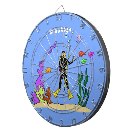 スキューバおもしろいダイバーと魚の海の生き物の漫画 ダーツボード (正面右)