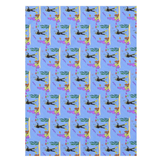 スキューバおもしろいダイバーと魚の海の生き物の漫画 テーブルクロス (正面)